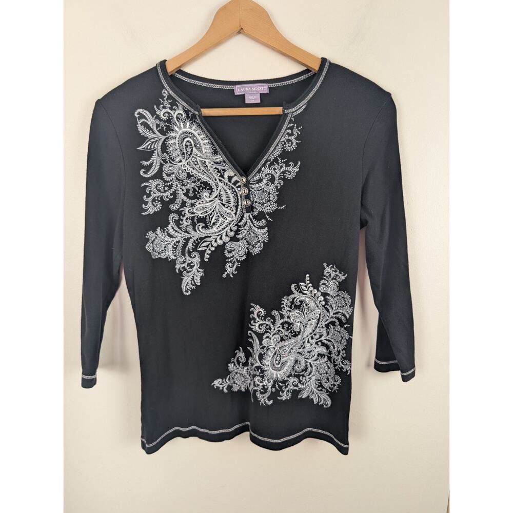 Laura Scott Large L Black Silver 3/4 Sleeve Shirt Rhinestones Y2k Henley